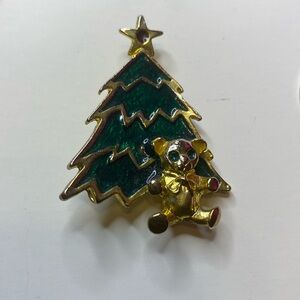 Vintage Christmas Tree Teddy  goldtone enamel brooch